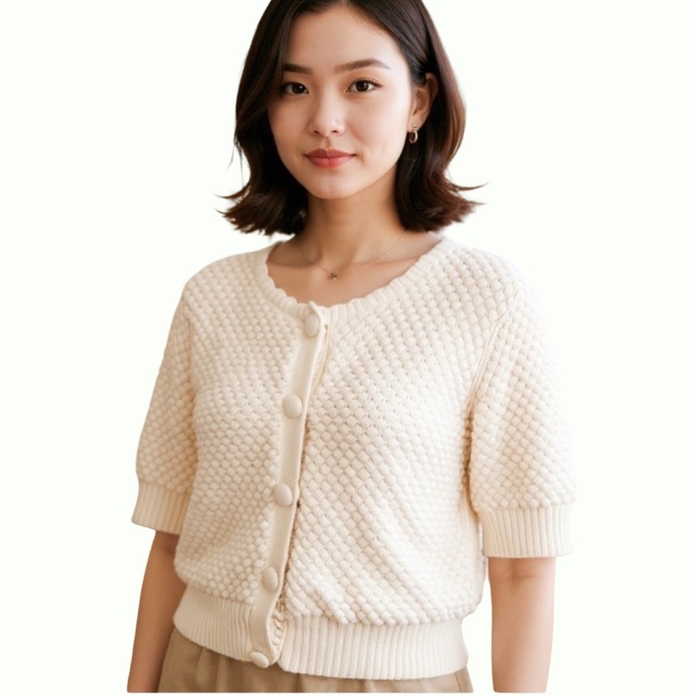 Sweater Project:Cream button up Textured cotton Cardigan 3/4 sleeve, scalloped